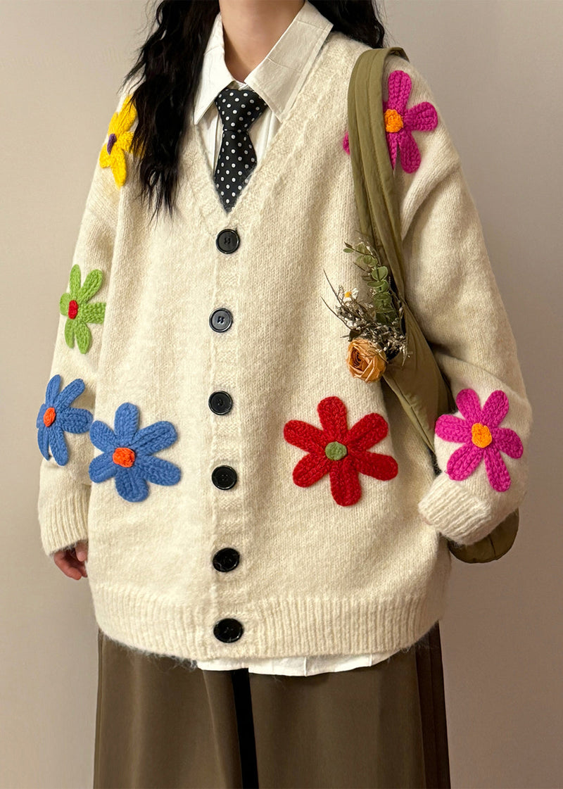 Loose Black V Neck Button Knit Coats Spring