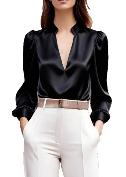 Italian Black V Neck Patchwork Silk Shirt Top Spring