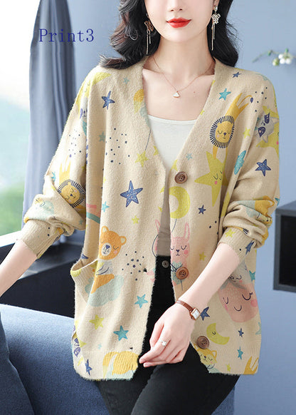 V Neck Print Pockets Woolen Cardigans Spring