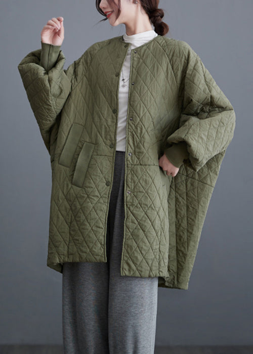Olive Green Button Pockets Cotton Filled Parka Batwing Sleeve