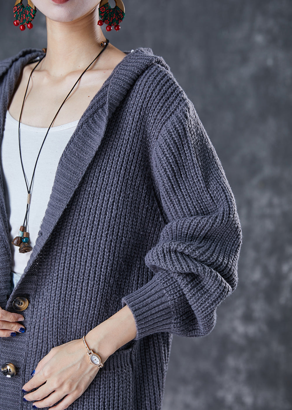Grey Hooded Oversized Knit Cardigan Fall