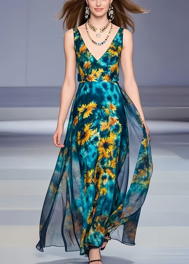 Peacock Blue Chrysanthemum Print Chiffon Dress Summer