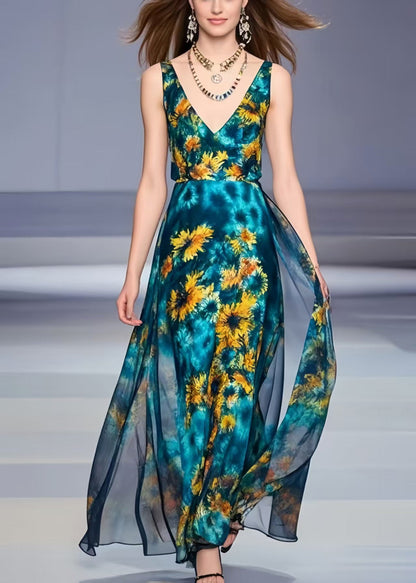 Peacock Blue Chrysanthemum Print Chiffon Dress Summer