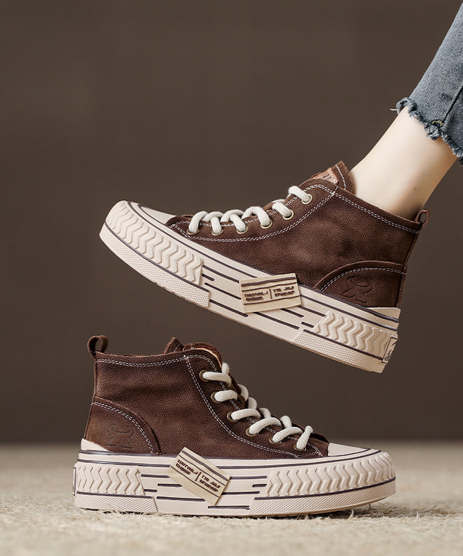 Beige Platform Soled Cowhide Lace Up High Top Board Shoes