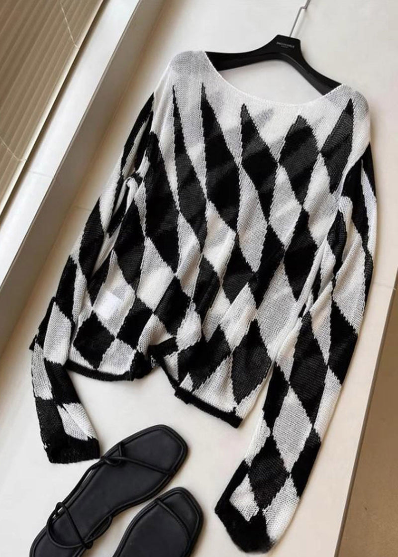 Striped Plaid Slash Neck Knit Top Fall