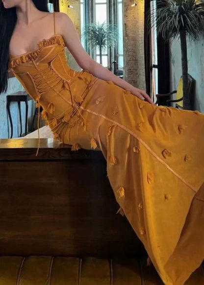 Organic Yellow Ruffled Tulle Patchwork Maxi Vestidos Sleeveless