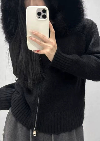 White Fur Collar Zippered Knit Coats Winter