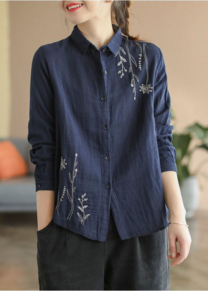 Navy Slim Fit Cotton Shirt Turn-down Collar Embroidered Spring