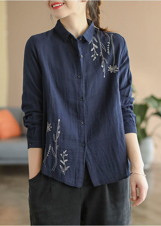 Navy Slim Fit Cotton Shirt Turn-down Collar Embroidered Spring