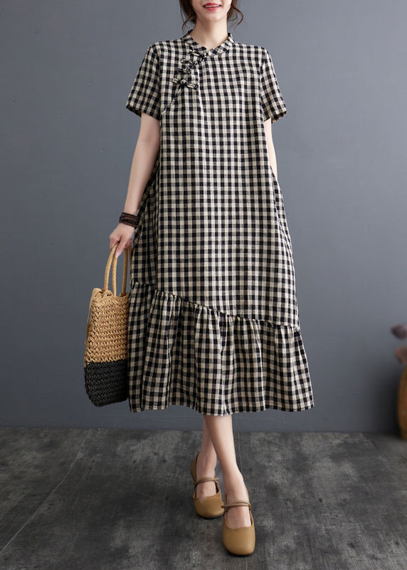 Big Plaid Stand Collar Patchwork Cotton Dress Summer