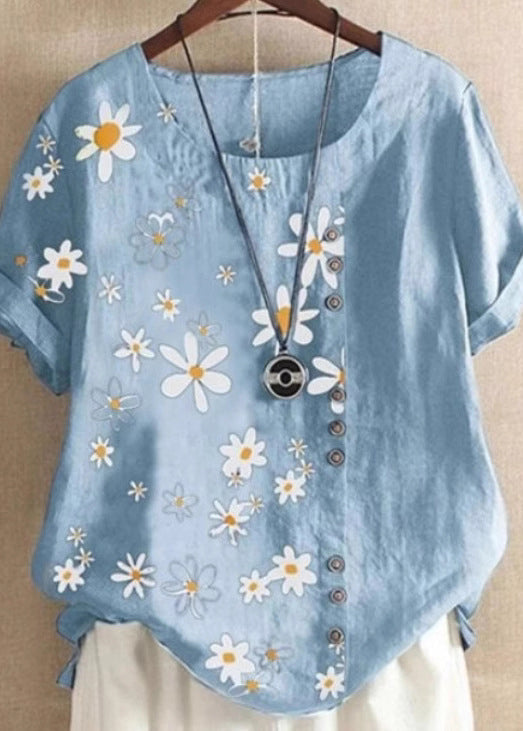 Loose Green O Neck Print Patchwork Cotton Blouses Top Summer