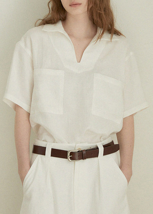 Simple Style Beige V Neck Pockets Linen Shirts Summer