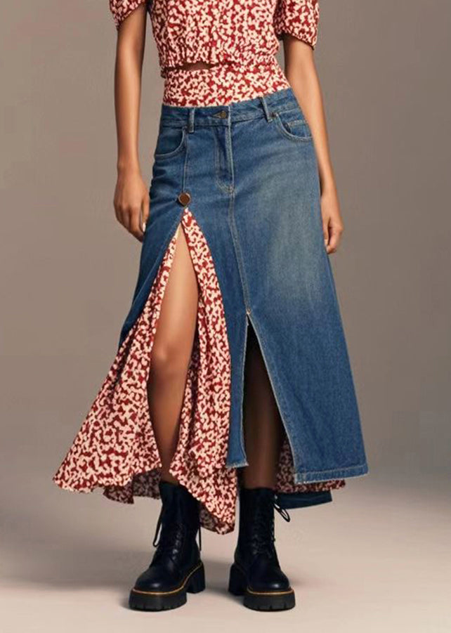 Navy Asymmetrical Patchwork Side Open Denim Skirt Fall
