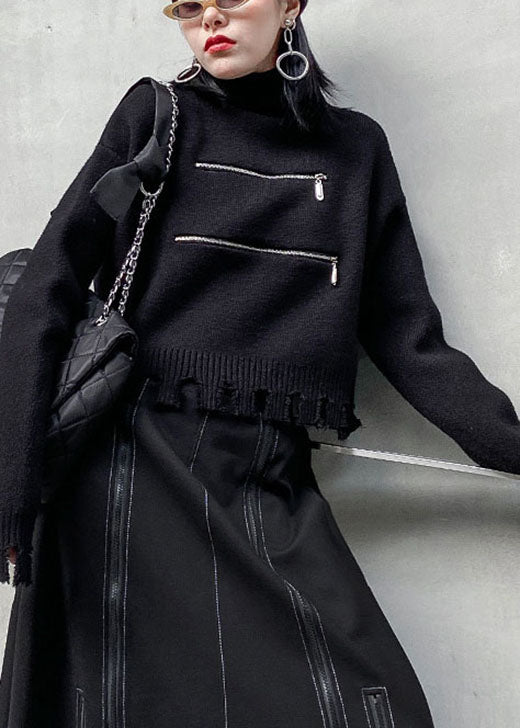 Black Zippered Tasseled Fall Sweater