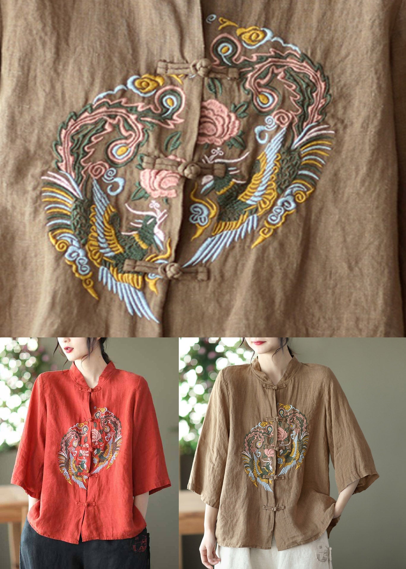 Diy Red Stand Collar Embroidered Linen Shirts Long Sleeve