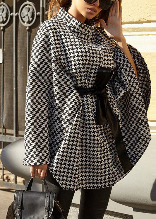 European and American Style Plaid Lace Up Cape Coat Fall