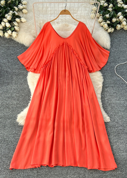 Orange Ruffled Cotton a Line Dresses Batwing Sleeve