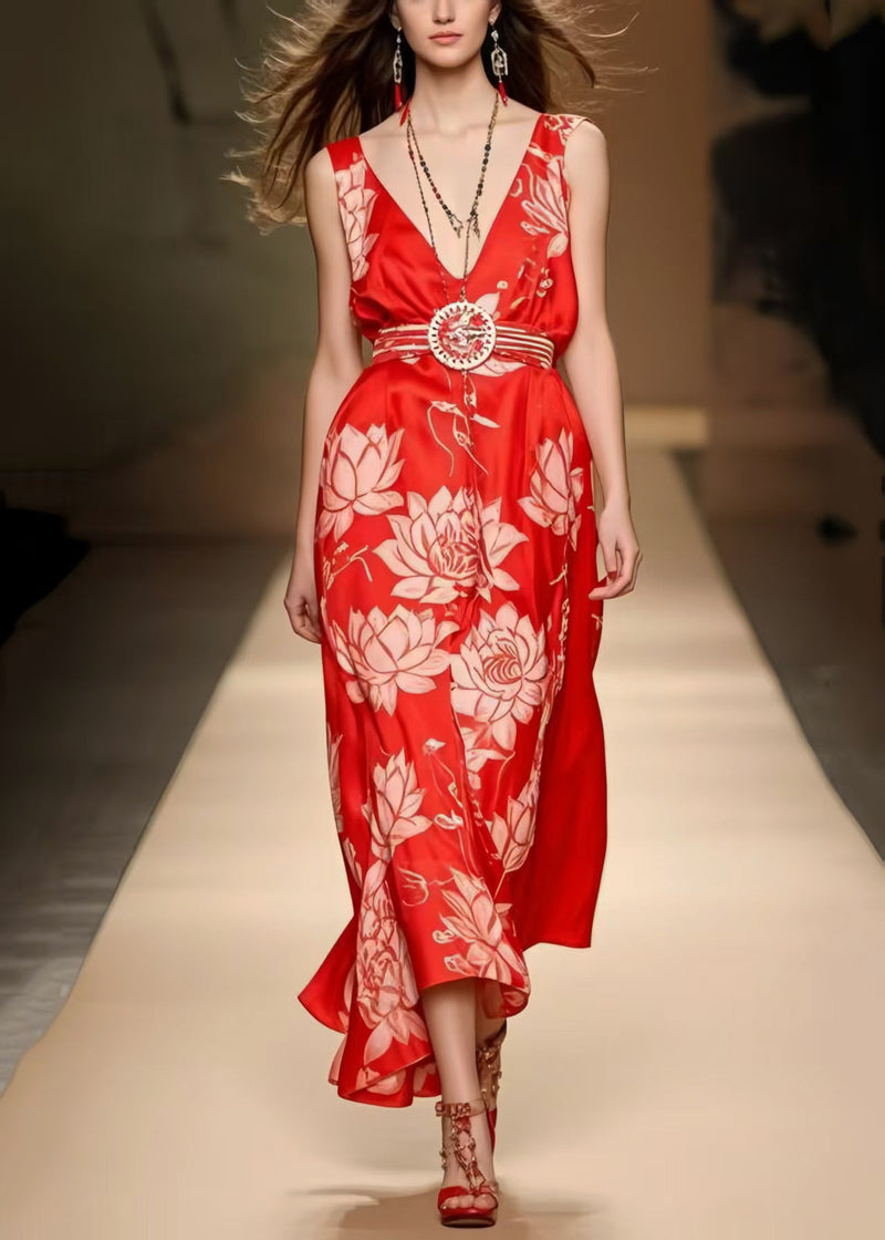 Red Cinched Print Silk Cami Dresses Summer