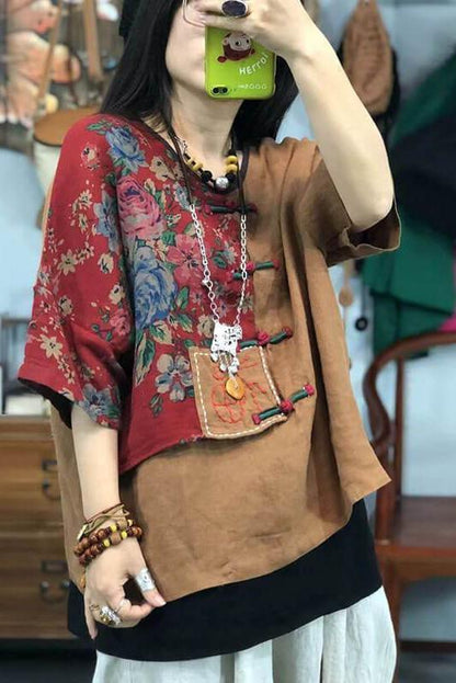 Embroidered Breasted V-neck Retro Stitching T-shirt