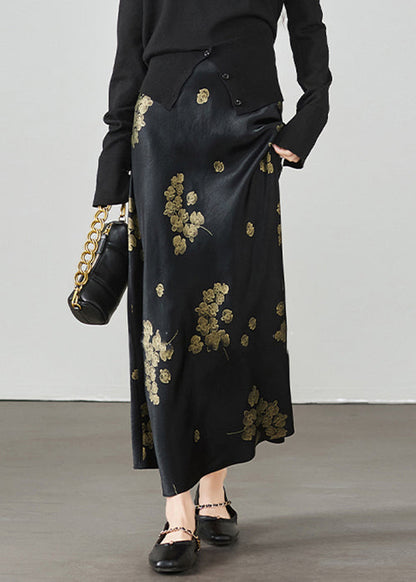 New Black Print High Waist Silk Skirt Summer