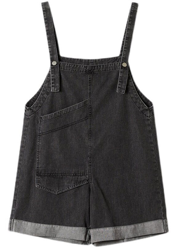Handmade Black Asymmetrical Patchwork Pockets Denim Jumpsuit Sleeveless