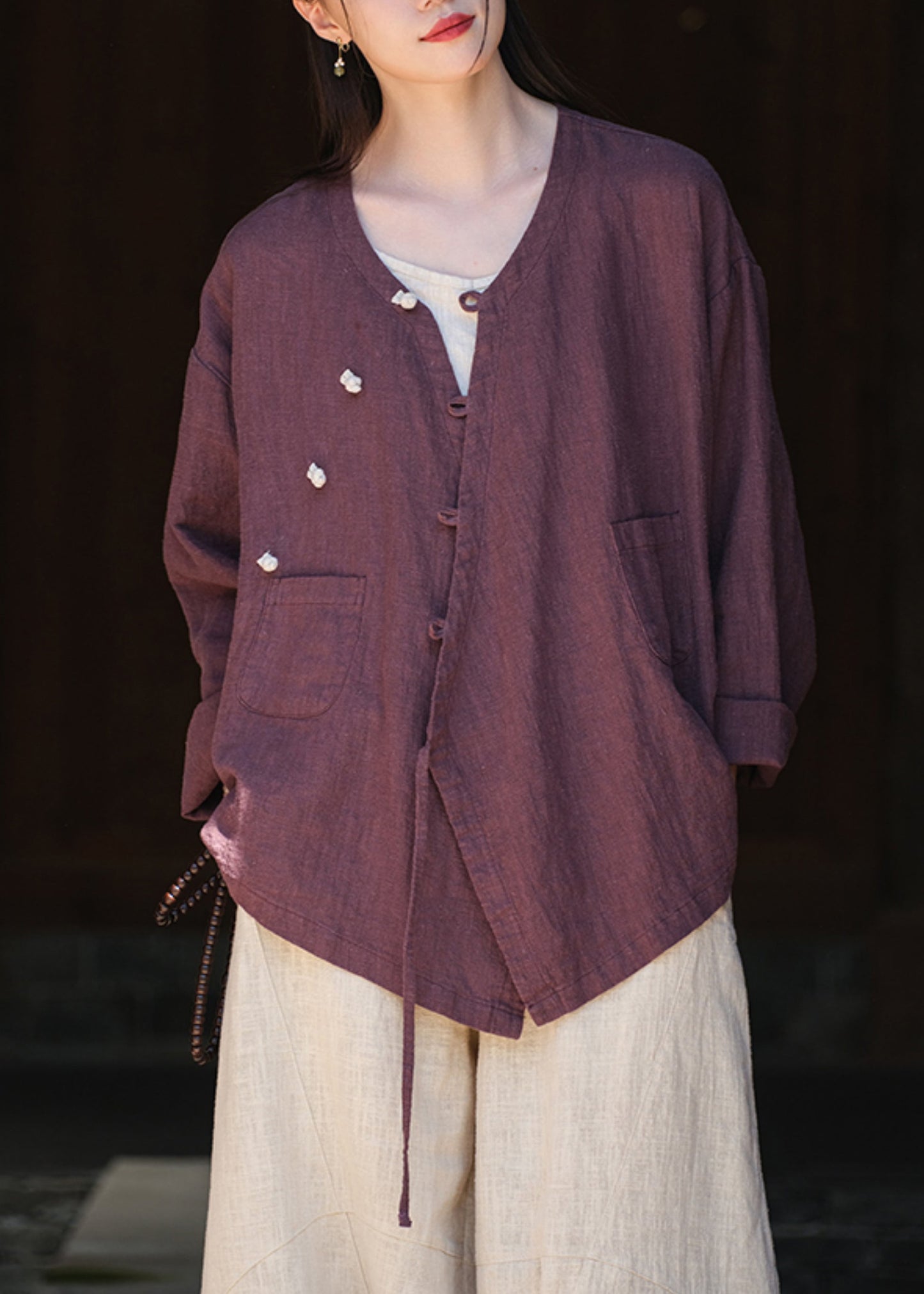 Chinese Style Purple V Neck Lace Up Pockets Cotton Blouses Fall