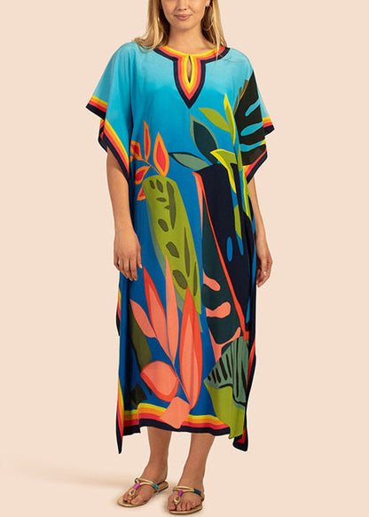 Blue O Neck Print Chiffon Long Dress Summer