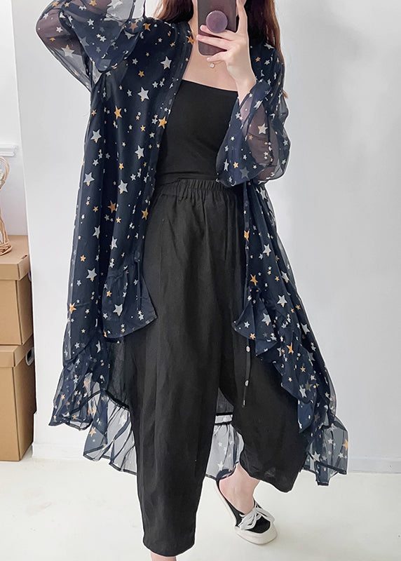 Navy Ruffled Print Chiffon Upf 50+ Cardigan Summer