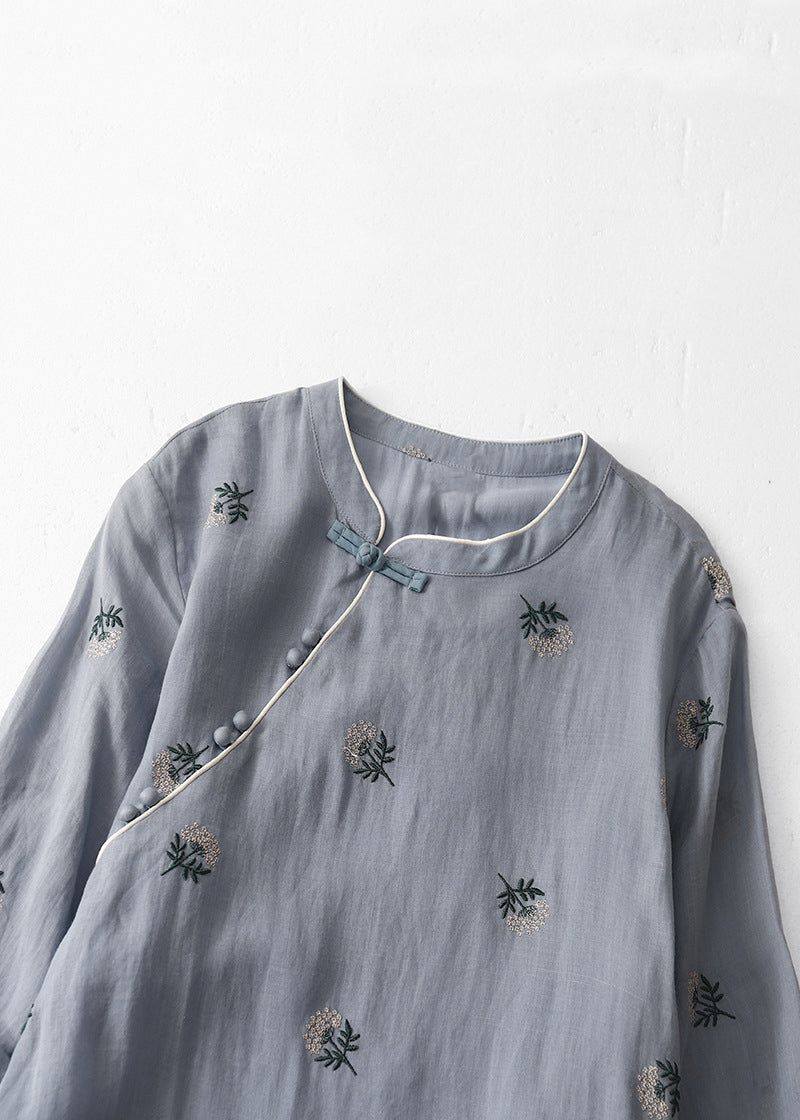 Grey Embroidered Button Cotton Dresses Half Sleeve