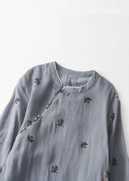 Grey Embroidered Button Cotton Dresses Half Sleeve