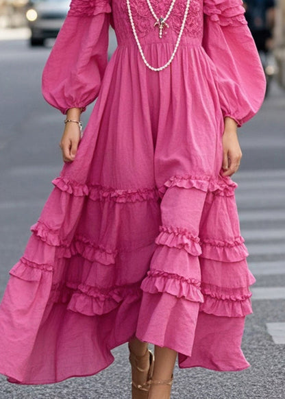 Rose Ruffled Exra Large Hem Cotton Vacation Dresses Fall