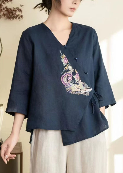Navy Embroidered Tie Waist Linen Shirts Spring
