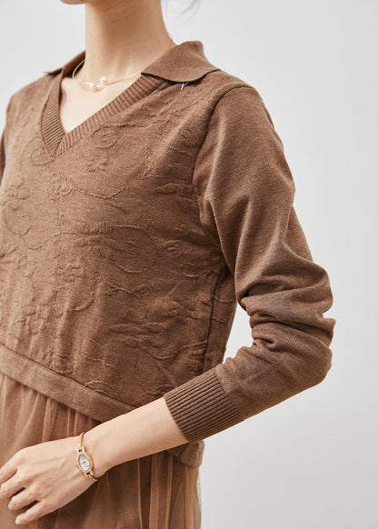 Khaki Jacquard Patchwork Wool Tulle Dress Summer