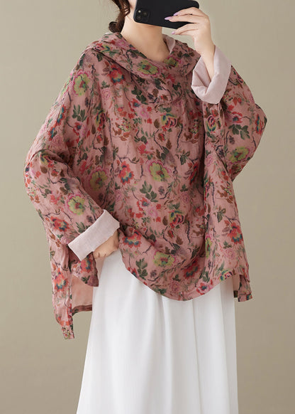 Red Hooded Print Cotton Top Spring