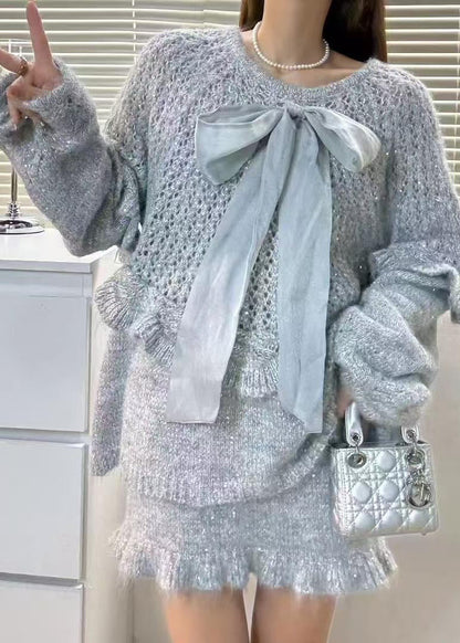 Sky Blue Ruffles Hollow Out Knit Two Piece Suit Set Fall