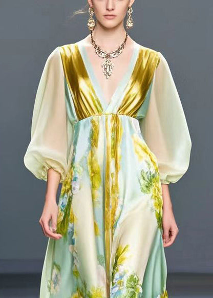 Light Green V Neck Print Silk Holiday Dress Fall