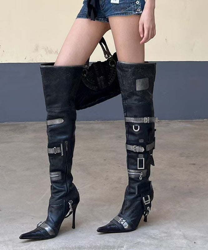 European and American Pointed Belt Buckle High Heeled Boots