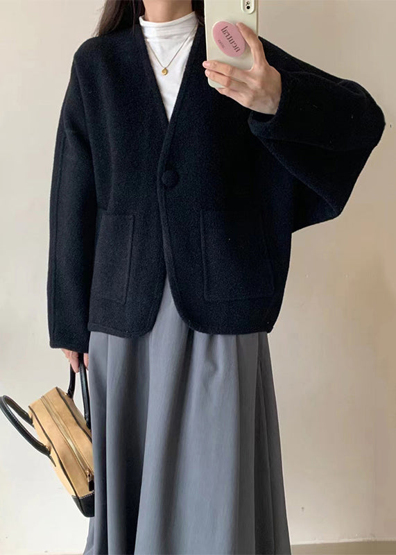 Coffee V Neck Pockets Woolen Short Coat Winter