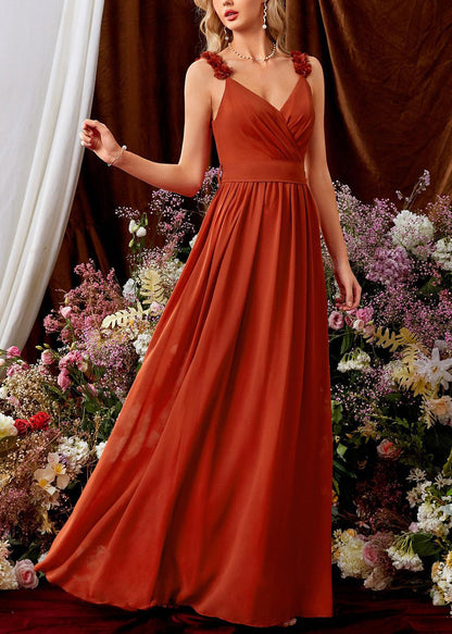 French Orange V Neck Tie Waist Cotton Spaghetti Strap Dress Sleeveless