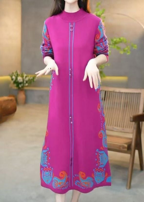 Rose O Neck Jacquard Knit Sweater Dress Winter
