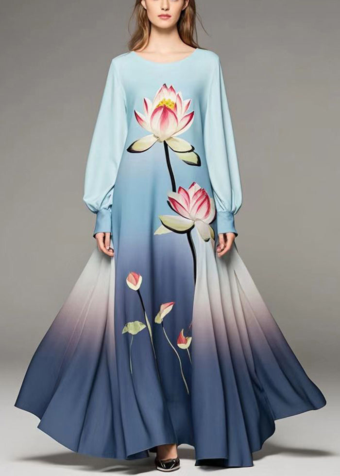 Gradient Color Lotus Print Chiffon Dress Fall