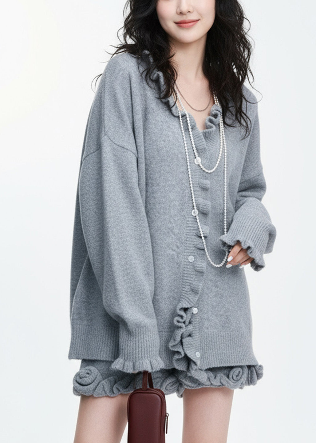 Natural Grey Ruffled Patchwork Cotton Knit Cardigans and Skirts Two Piece Set Lantern Sleeve