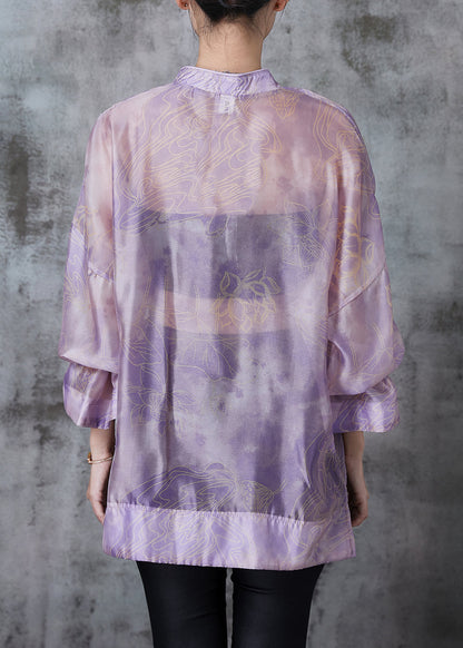 Purple Print Low High Design Silk Blouses Summer