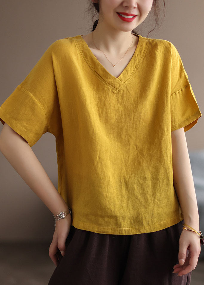 Classy Yellow V Neck Patchwork Linen Tops Short Sleeve