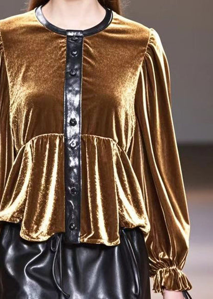 Golden O-neck Patchwork Silk Velour Tops Fall