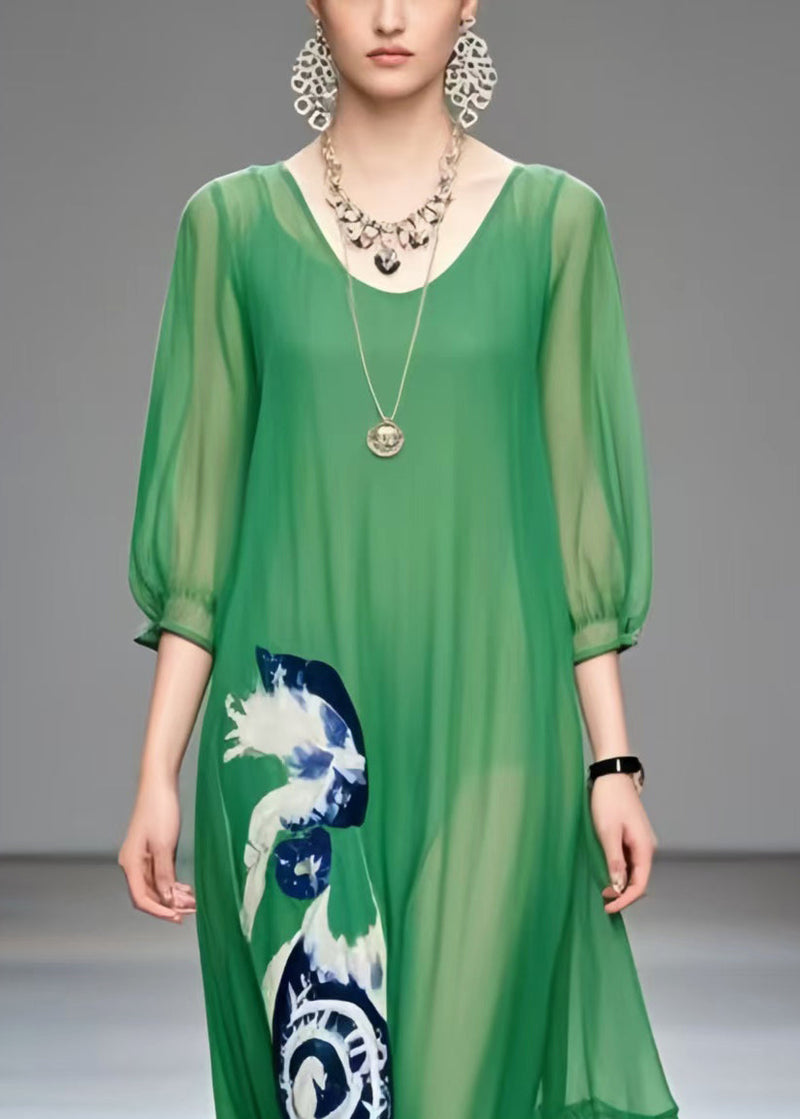 Tea Green Oversized Print Chiffon Beach Dress Summer