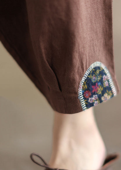 Chocolate Patchwork Linen Crop Pants High Waist Applique Fall