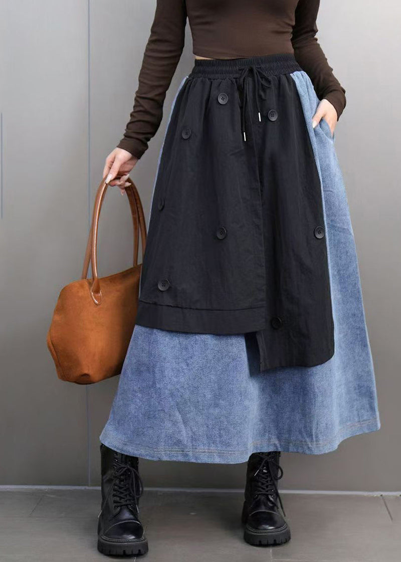 Loose Black Pockets Patchwork Deim a Line Skirts Spring