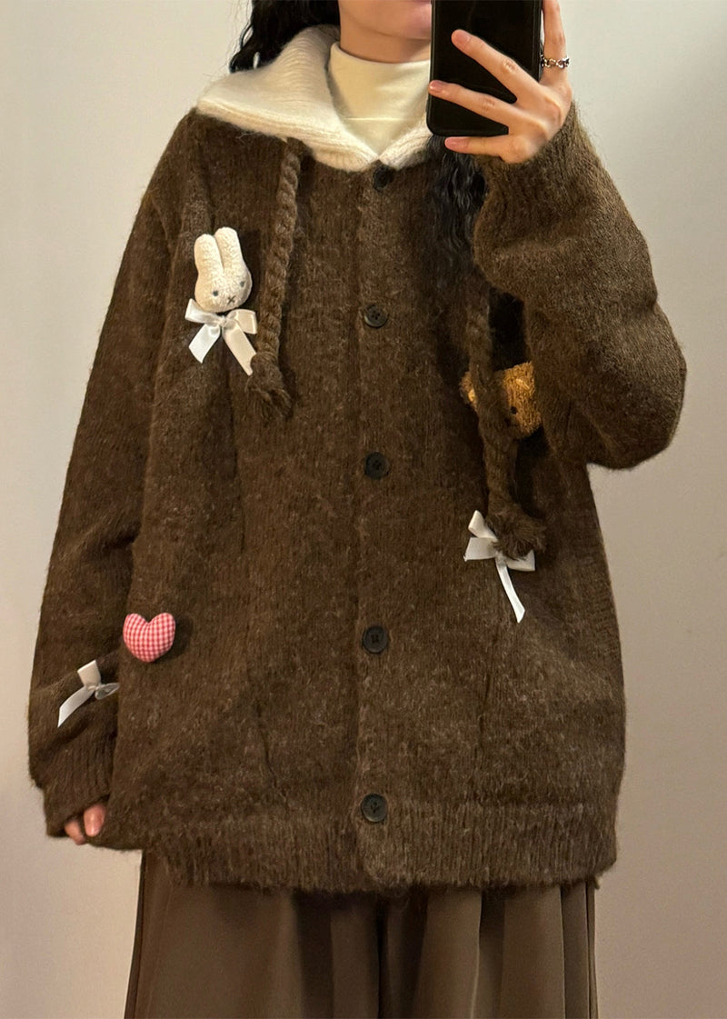 Coffee Peter Pan Collar Button Patchwork Knit Coats