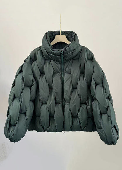 Loose Green Stand Collar Zip Up Fine Cotton Filled Parkas Winter